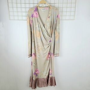 Leonard Paris Floral Print Faux Wrap Pleated Hem Silk Dress